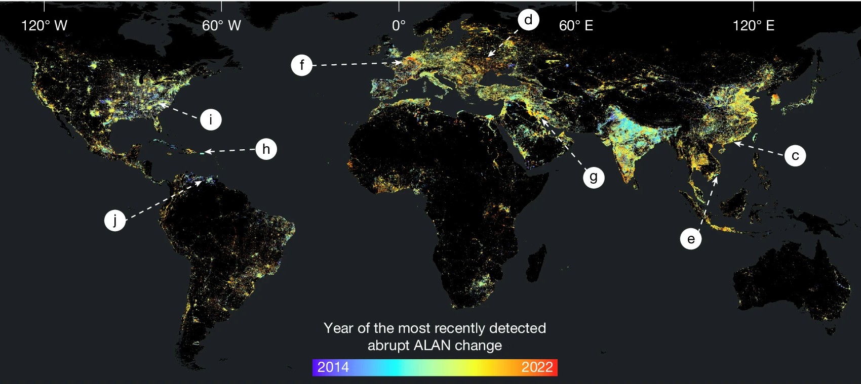 Global Satellite Map of Abrupt Changes in Night-Time Light