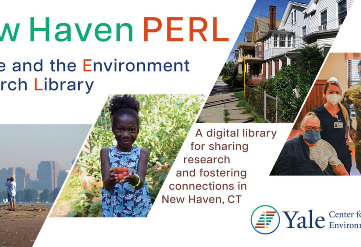 images of people, buildings, and landscapes with text: A digital library for sharing research and fostering connections in New Haven, CT